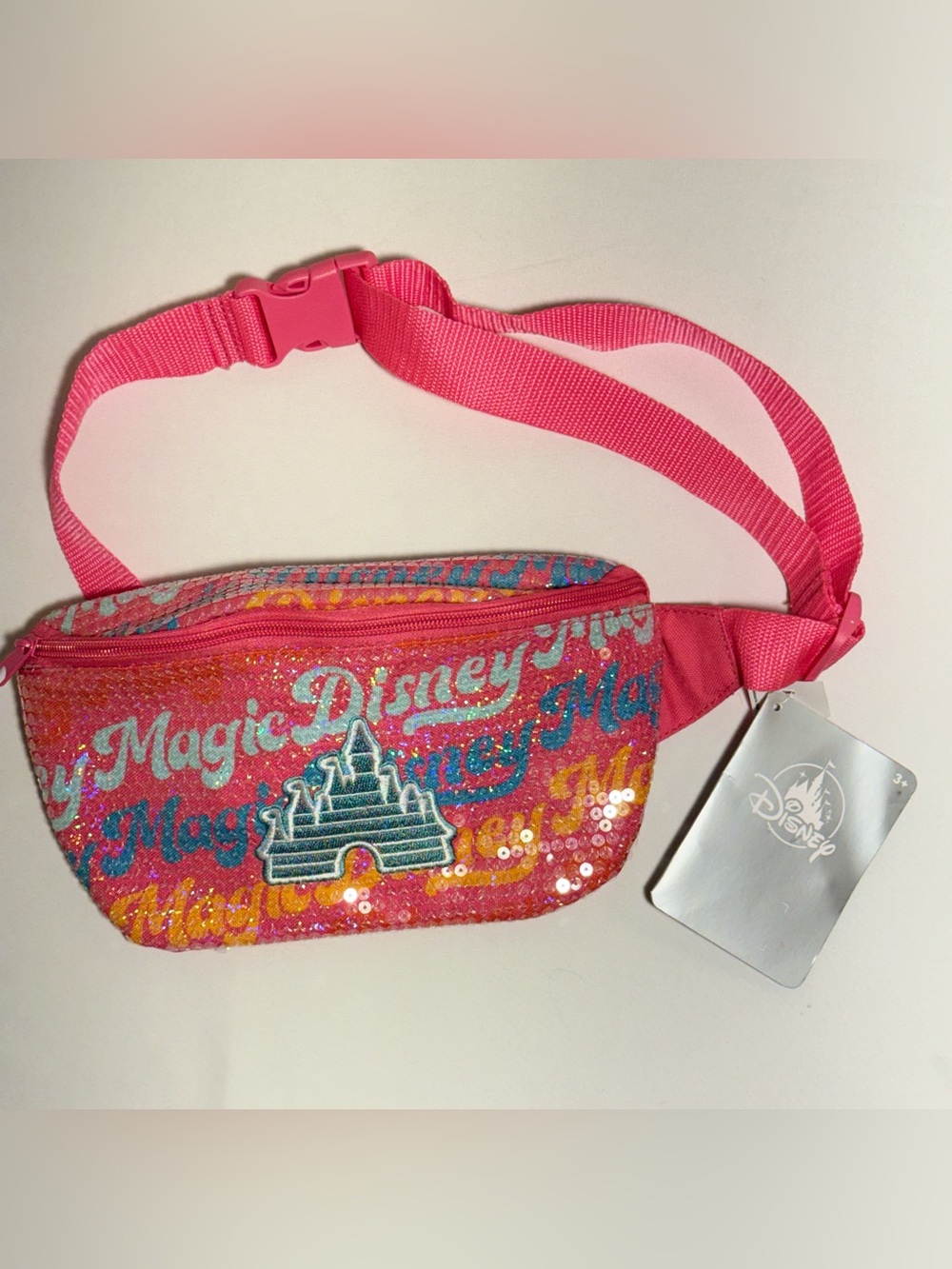 Disney Parks Sequin Pink Belt Bag with Embroidered Castle Patch.
